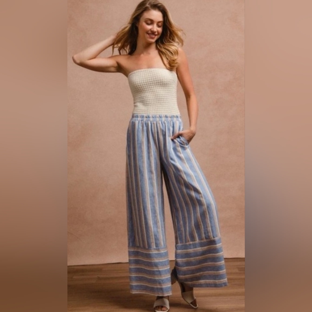 BiBi LINEN Blue and White Striped Wide-Leg Pants